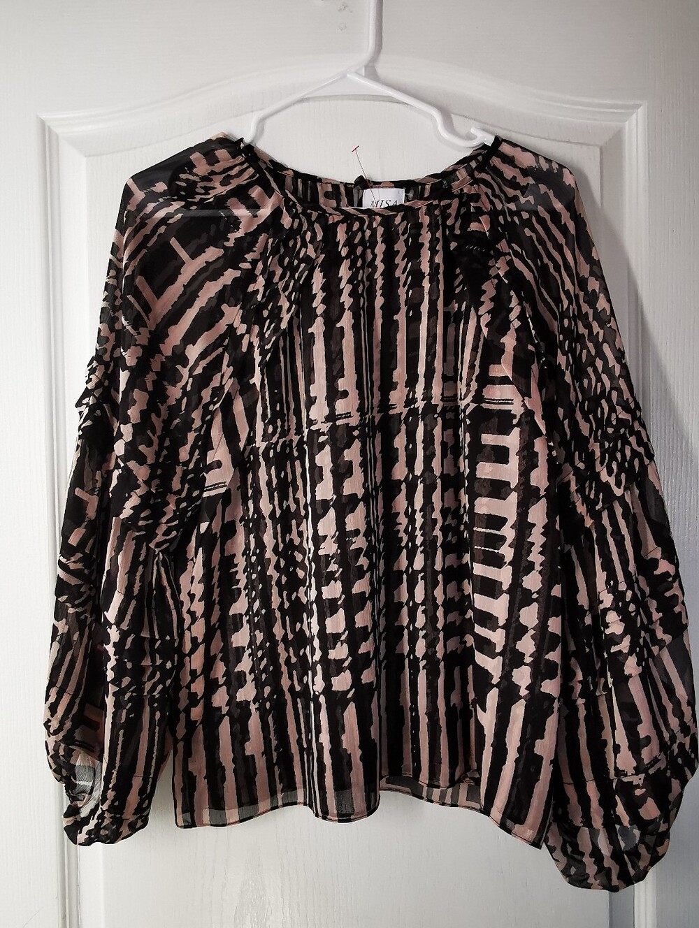 MISA Los Angeles Printed Sheer Blouse 🌸 size S ptp 21" Black & Smoky Rose - Picture 3 of 11